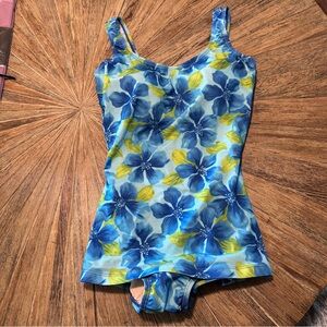 Ocean Aqua Shape Retro style Blue Floral One-Piece Swimsuit Sz 38/12 about 10/12
